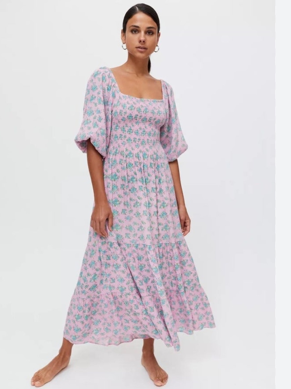 Urban Outfitters Lottie Floral Tie-Back Midi Dress Printed Smocked Puff Sleeve